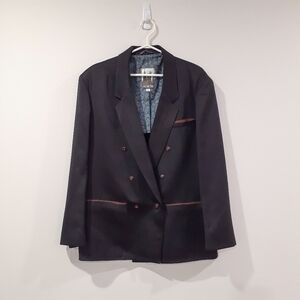 Retro 80's Oversized Businesscore Tuxedo Style Blazer with Faux Leather Accent